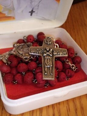 Vintage Style Catholic Rosary with Red Wooden Beads and Brass Crucifix